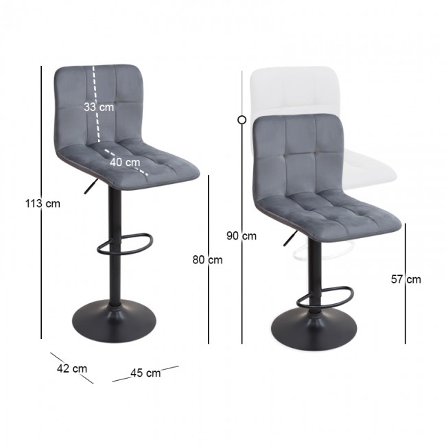 Σκαμπό μπαρ Carmelo Megapap με ρυθμιζόμενο ύψος βελούδο γκρι - βάση μαύρο ματ 45x42x90/113εκ.