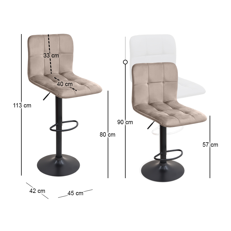 Carmelo Megapap bar stool with adjustable height made of velvet beige color 45x42x90/113cm.