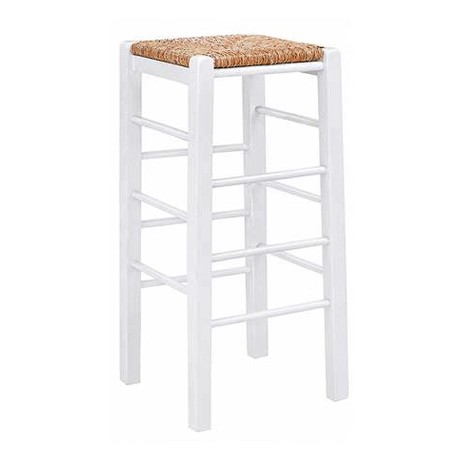 Σκαμπό μπαρ καφενείου - ταβέρνας ξύλινο εμποτισμού χρώμα λευκό με ψάθα 35x35x80εκ.