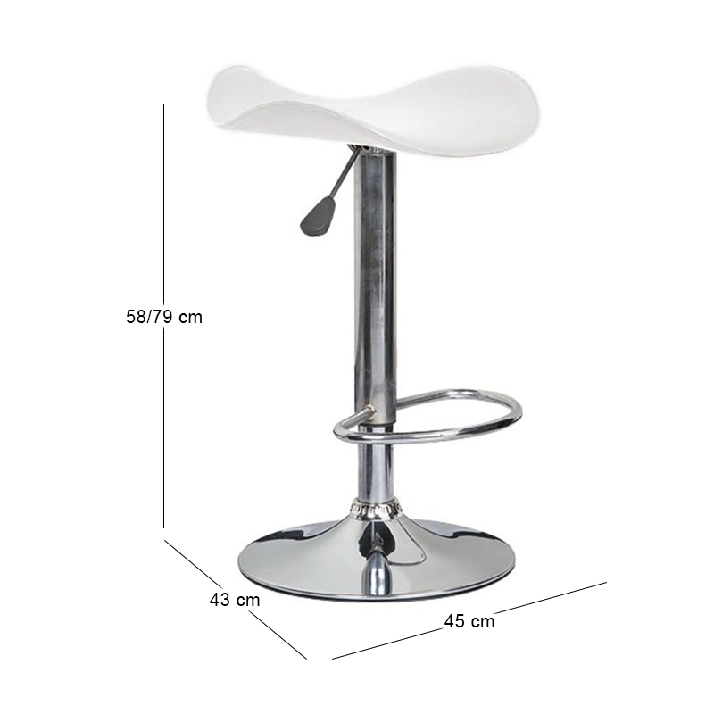 Σκαμπώ bar Saddle με σκελετό χρωμίου και επένδυση από Pvc σε χρώμα λευκό 45x43x64/85εκ