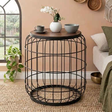 Muller Megapap metallic - Mdf stool - side table in black - walnut color 35x35x47cm.