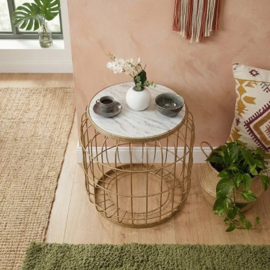 Muller Megapap metallic - Mdf stool - side table in golden - white color 35x35x47cm.