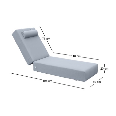 SUNLOUNGER 20cm Cushion w/Headrest Grey Fabric (Water Repellent) 196x60 Velcro