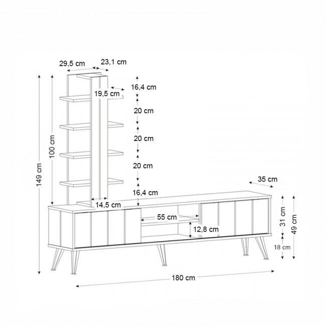 Agneta Megapap melamine TV unit in black rebab color 180x35x149cm.