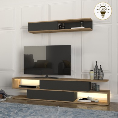 Manet Megapap melamine TV unit with LED in sepet oak - anthracite color 180x29,5x39cm.