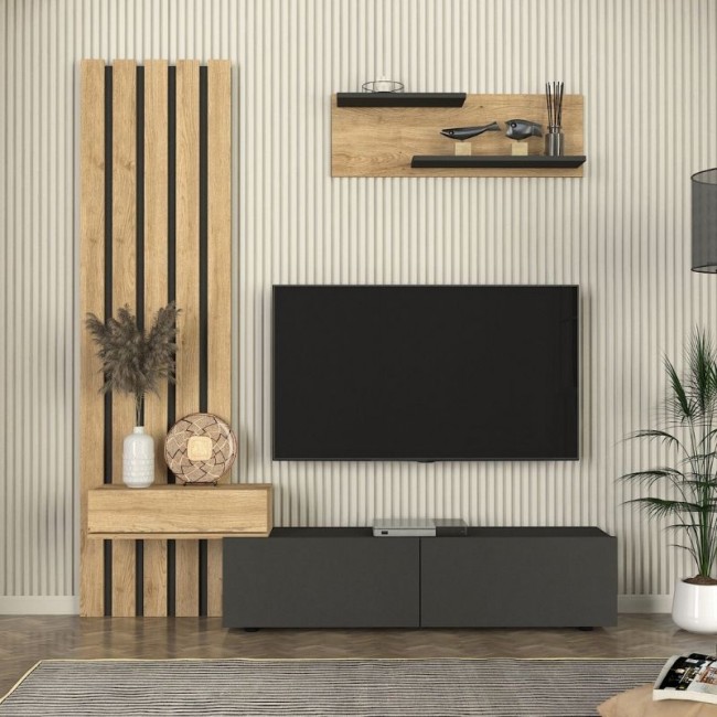 Σύνθεση τηλεόρασης Rosaline Megapap χρώμα ανθρακί - sepet oak 183x31,3x196,9εκ.