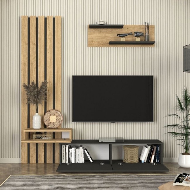 Σύνθεση τηλεόρασης Rosaline Megapap χρώμα ανθρακί - sepet oak 183x31,3x196,9εκ.