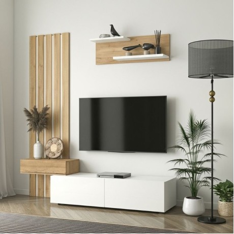 Σύνθεση τηλεόρασης Rosaline Megapap χρώμα λευκό - sepet oak 183x31,3x196,9εκ.