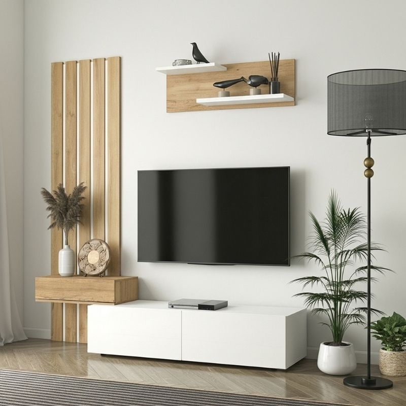 Σύνθεση τηλεόρασης Rosaline Megapap χρώμα λευκό - sepet oak 183x31,3x196,9εκ.