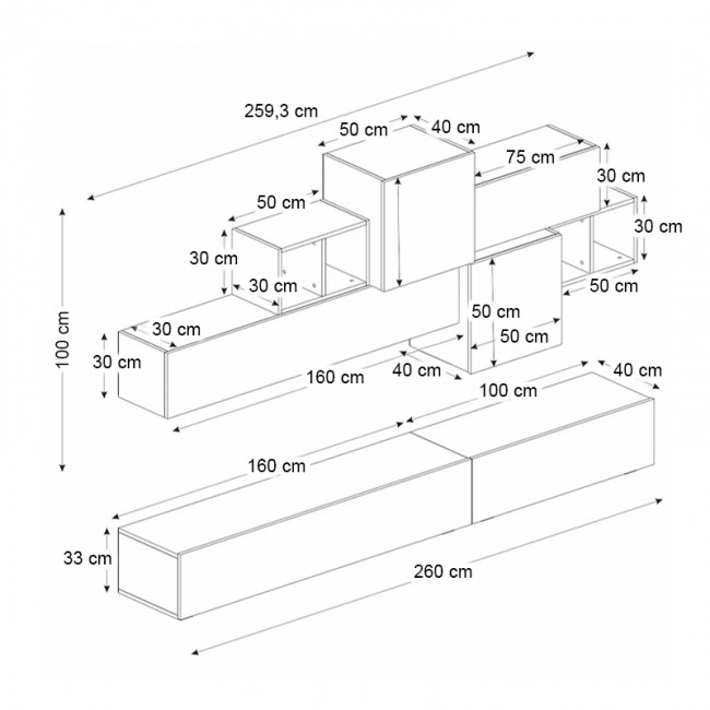 Tromen Megapap melamine TV unit in black marble effect color 260x40x33cm.
