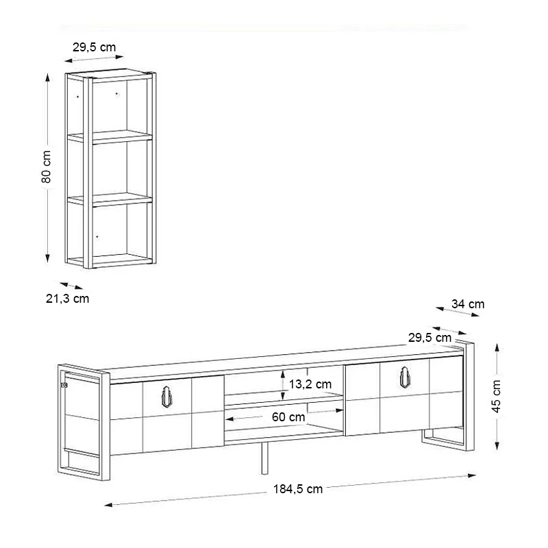 Ursula Megapap melamine TV unit in walnut - black color 184,5x34x45cm.