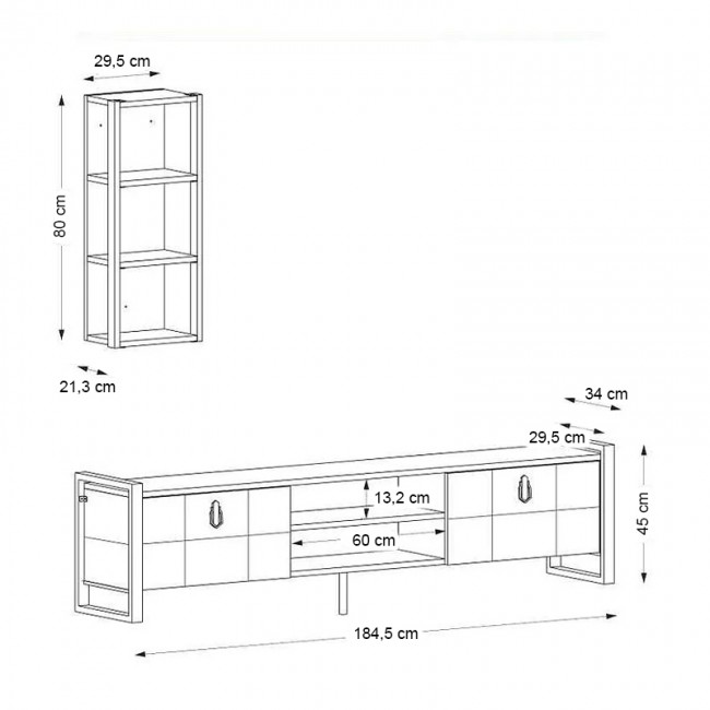 Ursula Megapap melamine TV unit in white - black color 184,5x34x45cm.
