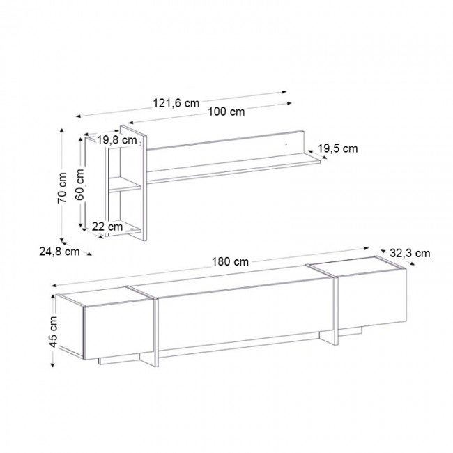 Veyron Megapap melamine TV unit in black marble effect color 180x33x45cm.