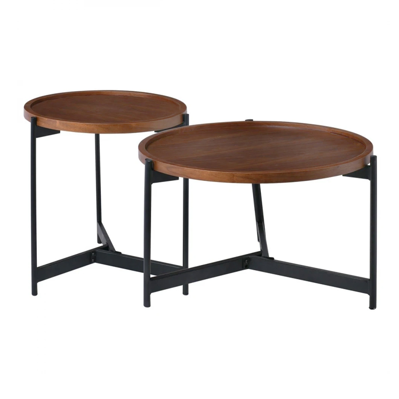 TOSS Set-2 Coffee Table D.50cm + D.70cm Steel Black/Walnut