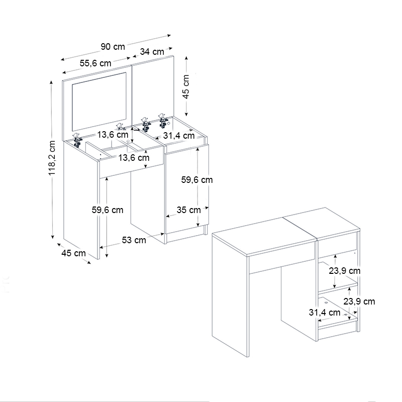 Huma Megapap melamine dressing table in white color 90x45x118.2cm.