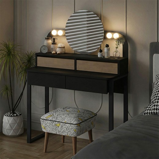 Τουαλέτα με καθρέπτη Lora Megapap με LED χρώμα μαύρο - sapphire oak 96x40x133,4εκ.