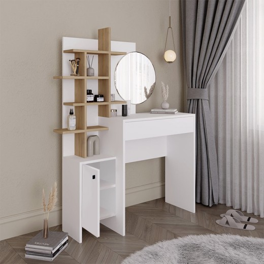 Τουαλέτα με καθρέπτη Mup Megapap χρώμα λευκό - φυσικό οξιάς 105x35x151εκ.