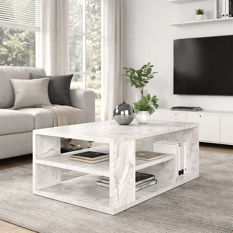 Abdera Megapap melamine coffee table in white marble color 110x60x42cm.