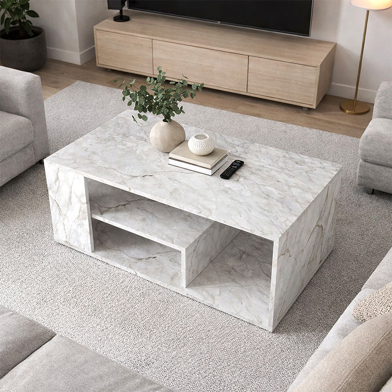 Abdera Megapap melamine coffee table in white marble color 110x60x42cm.