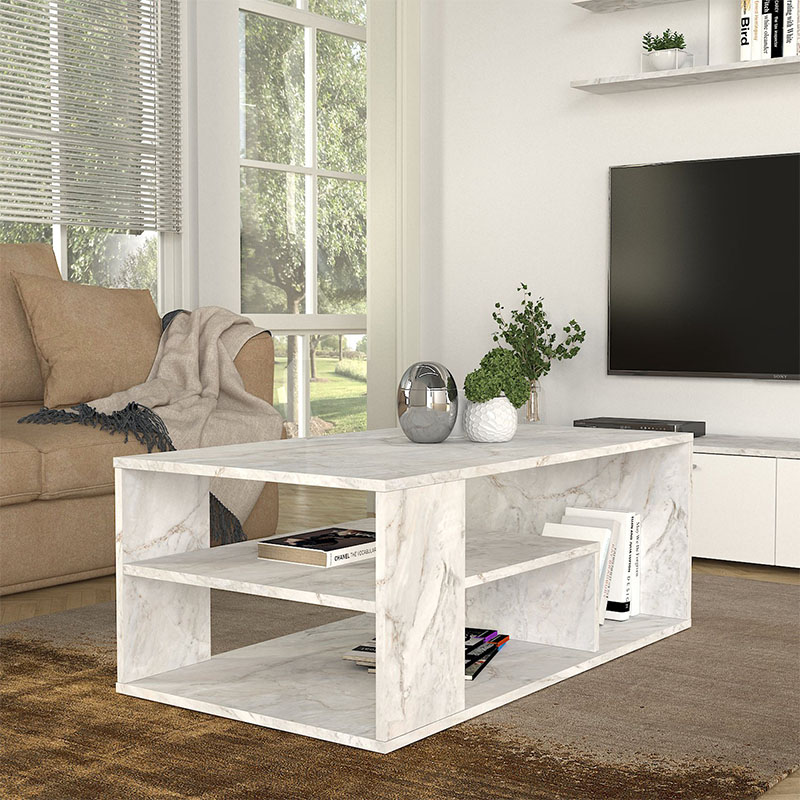 Abdera Megapap melamine coffee table in white marble color 110x60x42cm.
