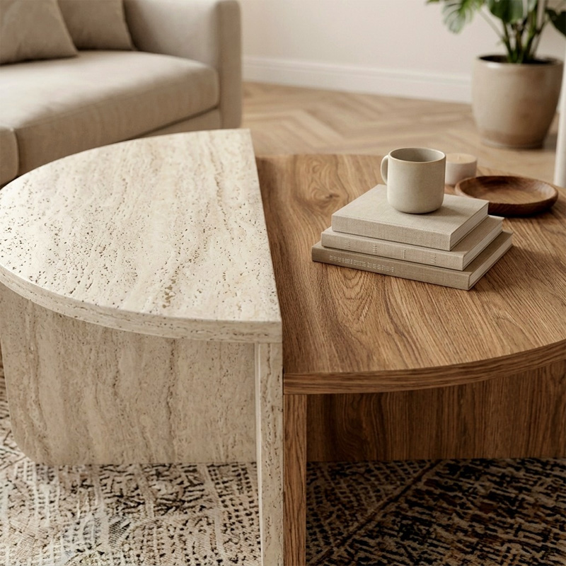 Aloeva Megapap melamine coffee table in walnut Ud -  travertine color Ø90x37cm.