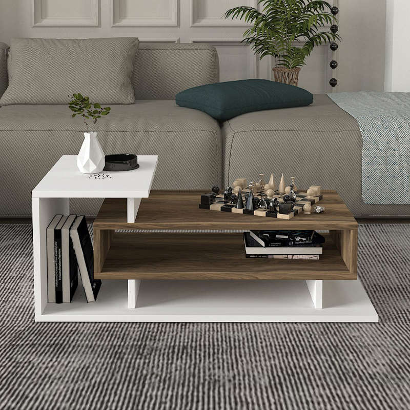 Flynn Megapap melamine coffee table in white - walnut color 90x50x35cm.