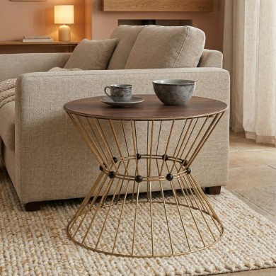 Τραπεζάκι σαλονιού Girene Megapap μεταλλικό - Mdf χρώμα χρυσό - καρυδί Ø55x42εκ.