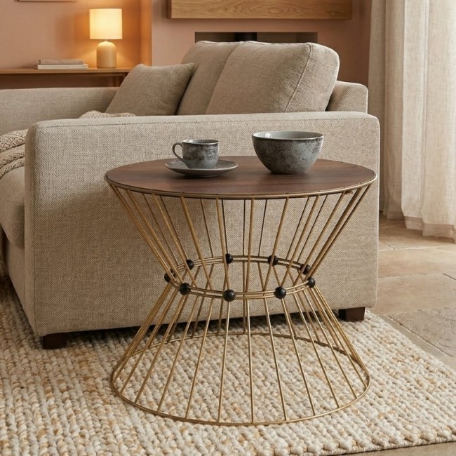 Τραπεζάκι σαλονιού Girene Megapap μεταλλικό - Mdf χρώμα χρυσό - καρυδί Ø55x42εκ.