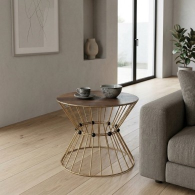 Τραπεζάκι σαλονιού Girene Megapap μεταλλικό - Mdf χρώμα χρυσό - καρυδί Ø55x42εκ.