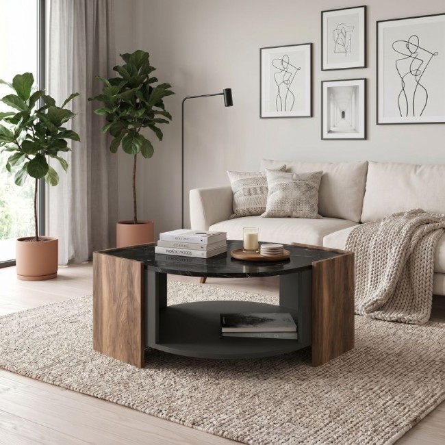 Τραπεζάκι σαλονιού Marbel Megapap χρώμα καρυδί - μαύρο εφέ μαρμάρου 75x75x40εκ.