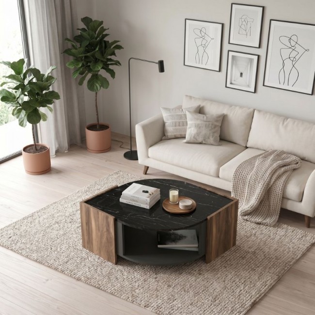 Τραπεζάκι σαλονιού Marbel Megapap χρώμα καρυδί - μαύρο εφέ μαρμάρου 75x75x40εκ.