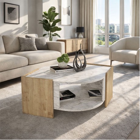 Marbel Megapap melamine coffee table in sapphire oak - white marble effect color 75x75x40cm.