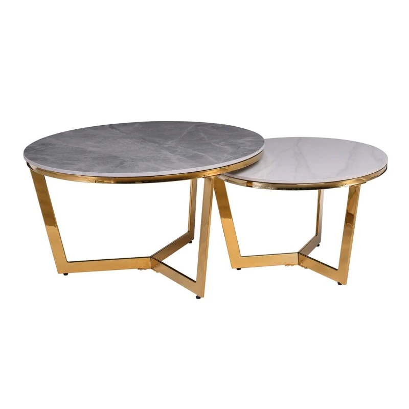 OTTO Set-2 Coffee Tables D80+D60 Gold Chromed/Sintered Stone Grey-White Marble