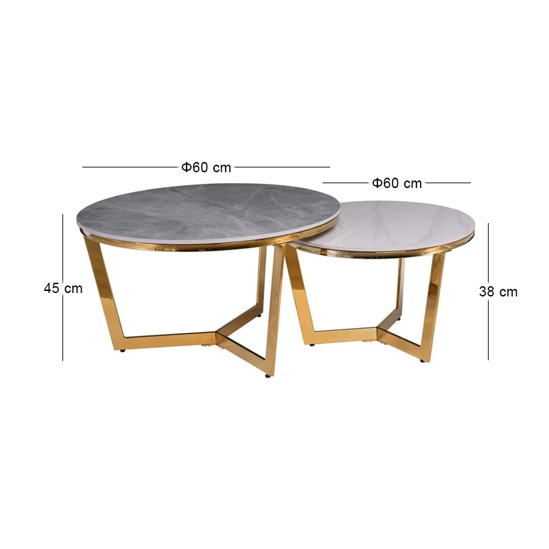 OTTO Set-2 Coffee Tables D80+D60 Gold Chromed/Sintered Stone Grey-White Marble