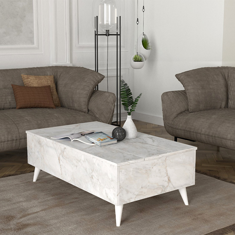 Roy Megapap coffee table with melamine polymorphic white marble color 121x69x40cm.