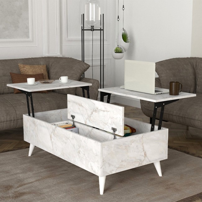 Roy Megapap coffee table with melamine polymorphic white marble color 121x69x40cm.