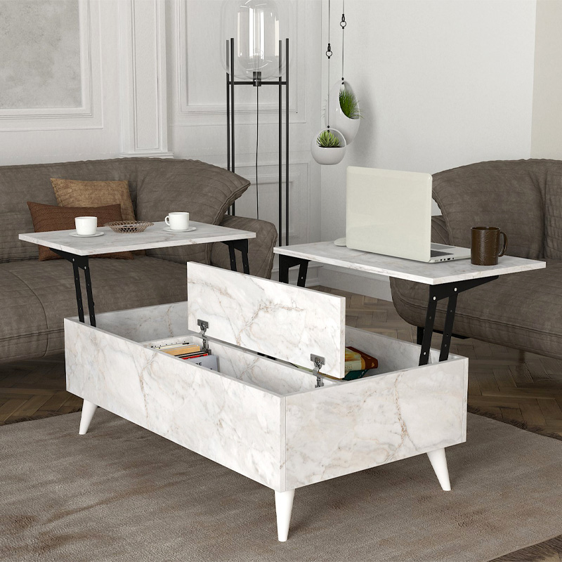 Roy Megapap coffee table with melamine polymorphic white marble color 121x69x40cm.