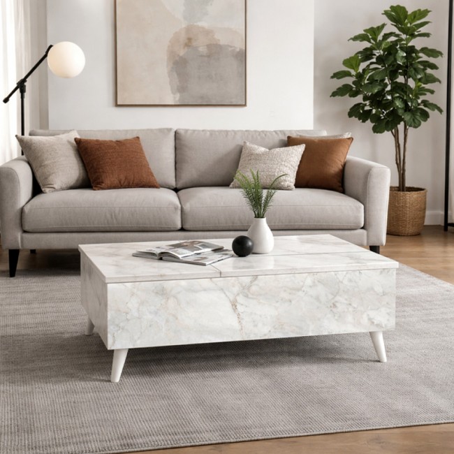 Roy Megapap coffee table with melamine polymorphic white marble color 121x69x40cm.