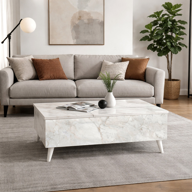 Roy Megapap coffee table with melamine polymorphic white marble color 121x69x40cm.