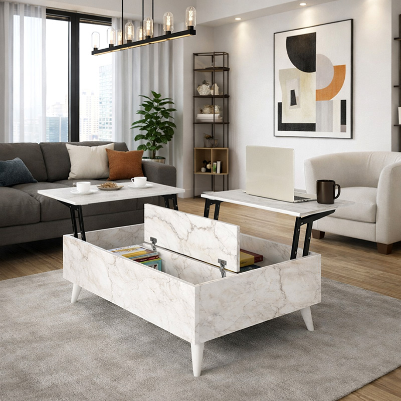 Roy Megapap coffee table with melamine polymorphic white marble color 121x69x40cm.