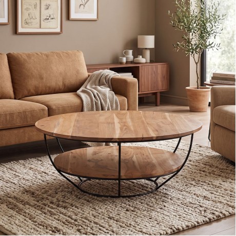 ROY-W Coffee Table d.90x35 Acacia Natural Finish (Black Paint)