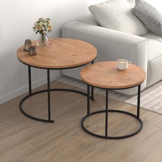 Τραπεζάκι σαλονιού σετ 2 τμχ Hilal Megapap χρώμα pine oak Ø66x49,5εκ.