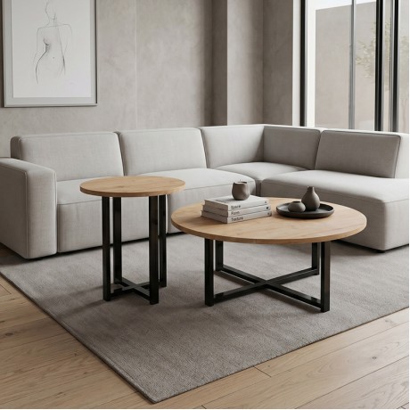 Mesa Megapap melamine set of 2 coffee tables in sapphire oak color Ø90x35.5cm.