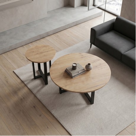 Mesa Megapap melamine set of 2 coffee tables in sapphire oak color Ø90x35.5cm.