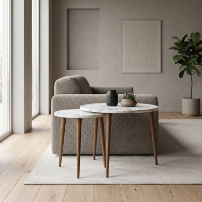 Τραπεζάκι σαλονιού σετ 2 τμχ Nola Megapap χρώμα λευκό εφέ μαρμάρου Ø60x46εκ.