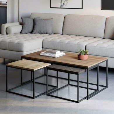 Coffee table set of 3 pcs. Camelia Megapap color light walnut - sapphire oak - brown 110x60x41.8cm.