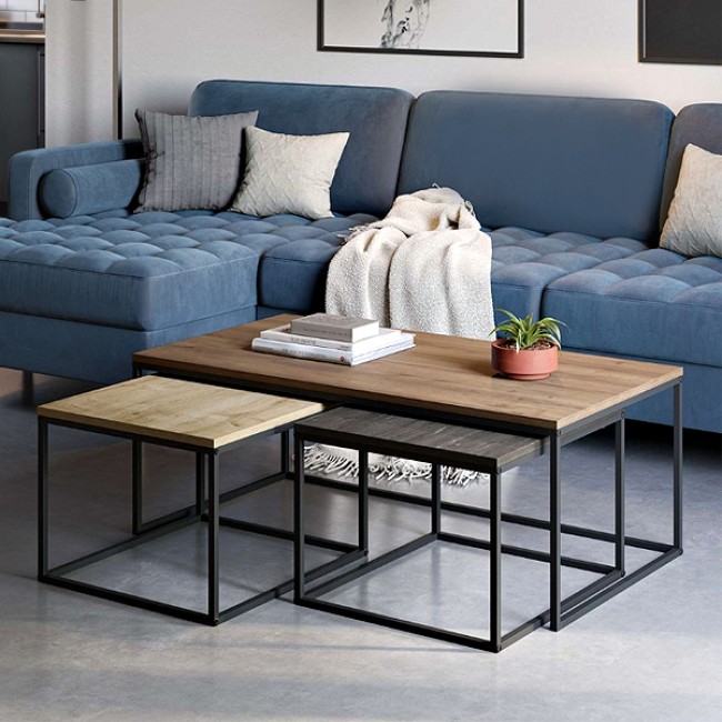 Τραπεζάκι σαλονιού σετ 3 τμχ. Camelia Megapap χρώμα ανοιχτό καρυδί - sapphire oak - καφέ 110x60x41,8εκ.