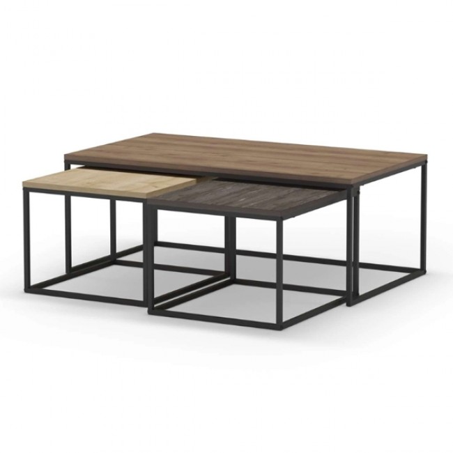 Τραπεζάκι σαλονιού σετ 3 τμχ. Camelia Megapap χρώμα ανοιχτό καρυδί - sapphire oak - καφέ 110x60x41,8εκ.