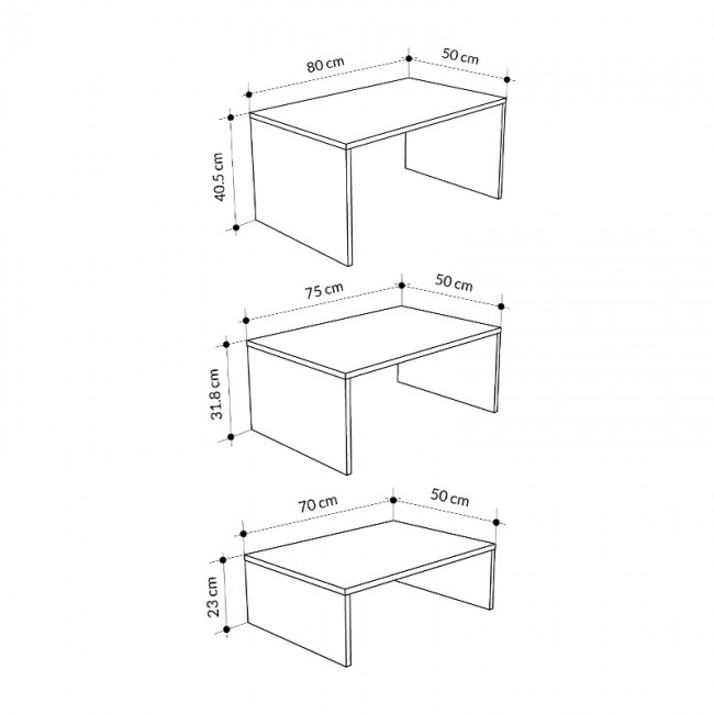 Kanta Megapap set of 3 pcs coffee table in sapphire oak - silky black color 80x50x40.5cm.