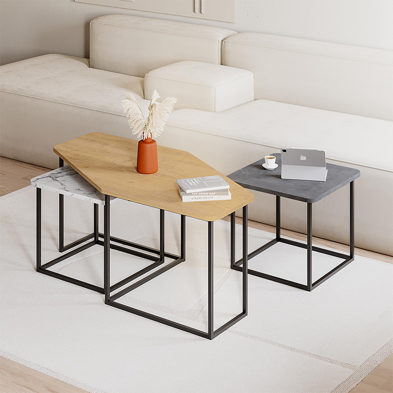 Τραπεζάκι σαλονιού σετ 3 τμχ. Nesty Megapap χρώμα saphhire oak - γκρι ρετρό - λευκό εφέ μαρμάρου 110x60x48εκ.